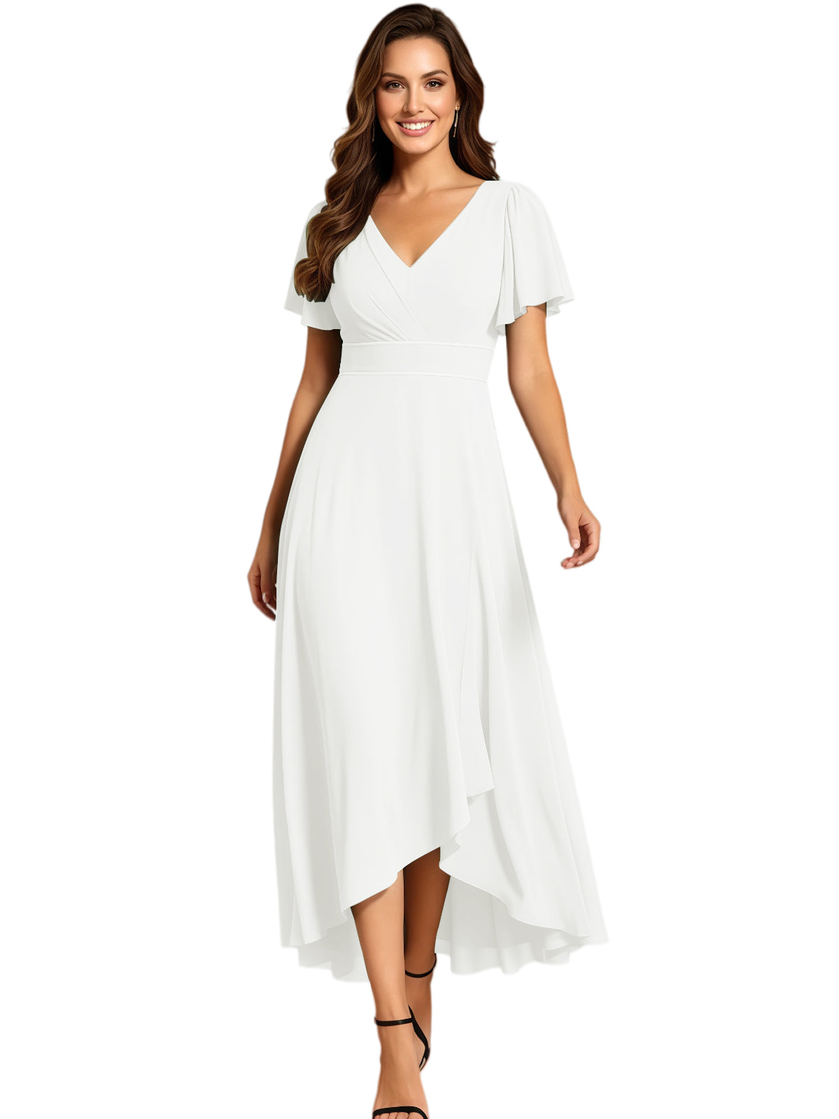 High Low Mother of the Bride Dress V-Neck Flutter Sleeve Chiffon Formal Gown