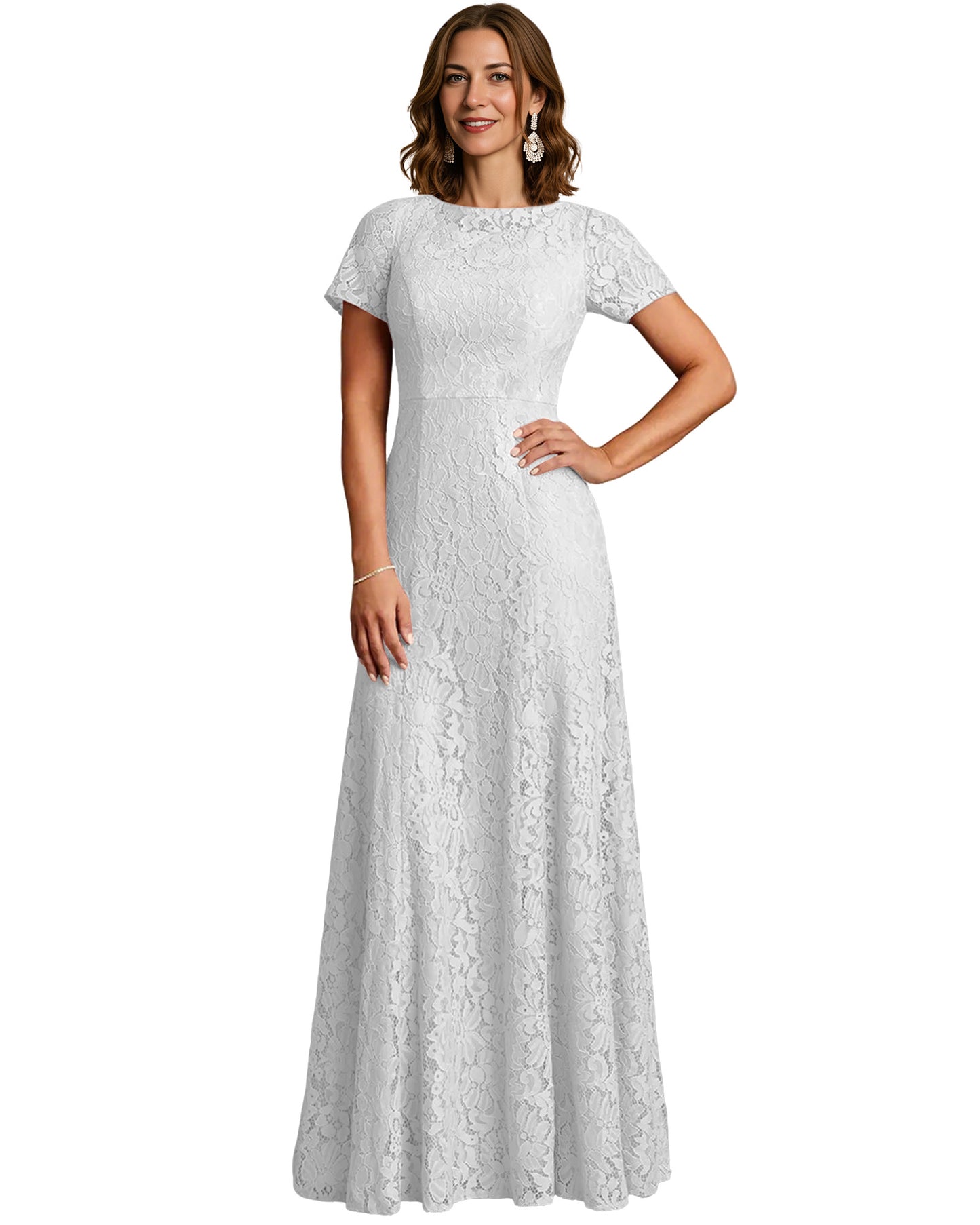 Long Lace Mother of the Bride Dress Short Sleeve Mermaid Gown with Crew Neckline