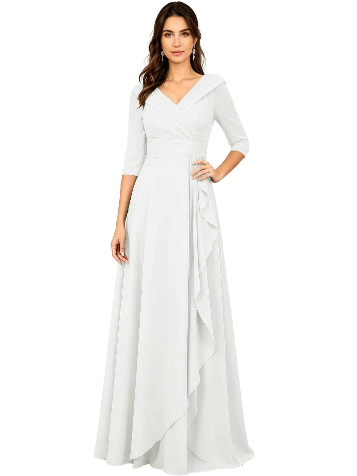 Long V-Neck Mother of the Bride Dress Chiffon Half Sleeve A-Line Gown with Side Ruffle