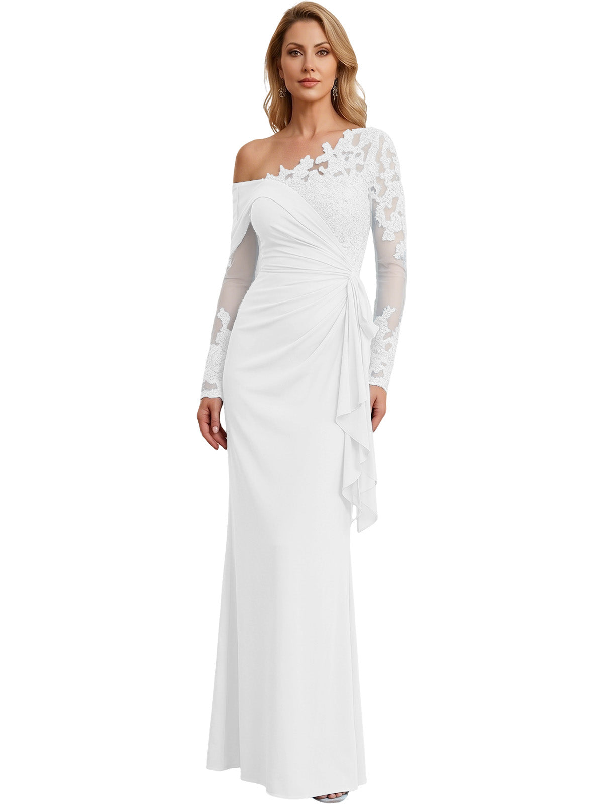 One Shoulder Mother of the Bride Gown Long Lace Sleeve Mermaid Dress with Draped Ruffle