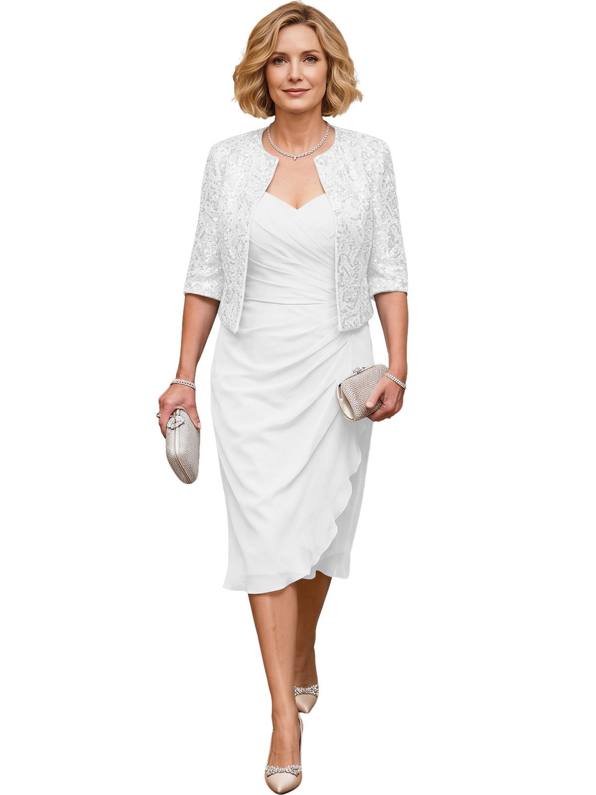 Mother of the Bride Dress with Jacket Tea Length Ruched Chiffon Wedding Guest Outfit