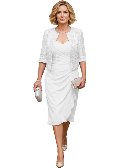 Mother of the Bride Dress with Jacket Tea Length Ruched Chiffon Wedding Guest Outfit