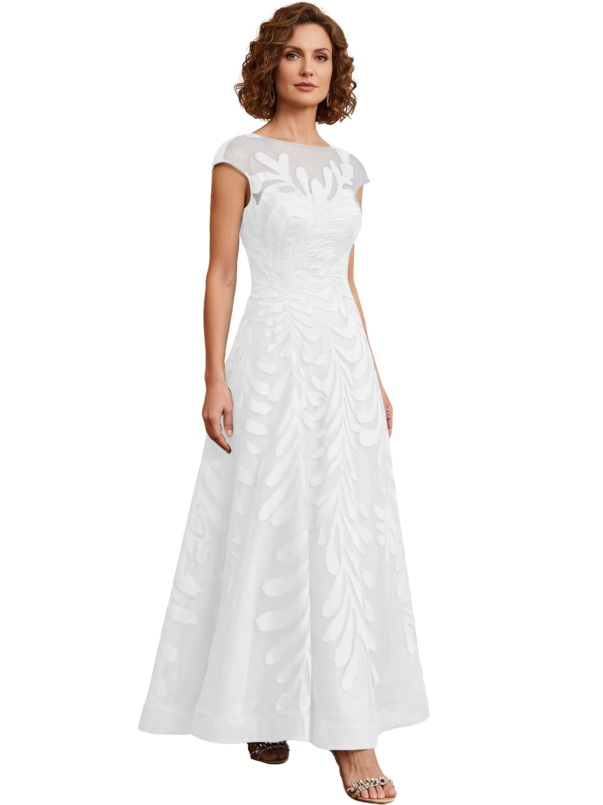 Embroidered Tulle Mother of the Bride Dress Long A-Line Gown with Illusion Cap Sleeves