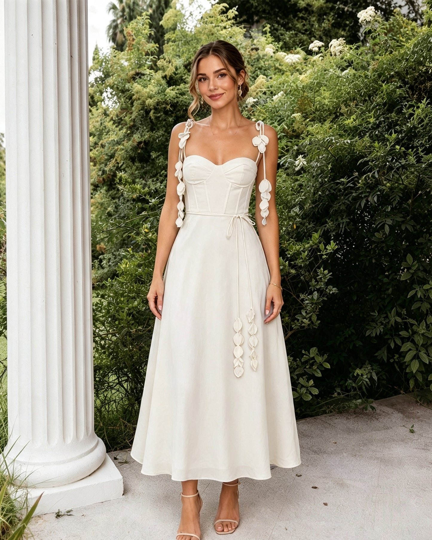 Sweetheart Floral Strap A-Line Midi Bridesmaid Dress with Corset Bodice