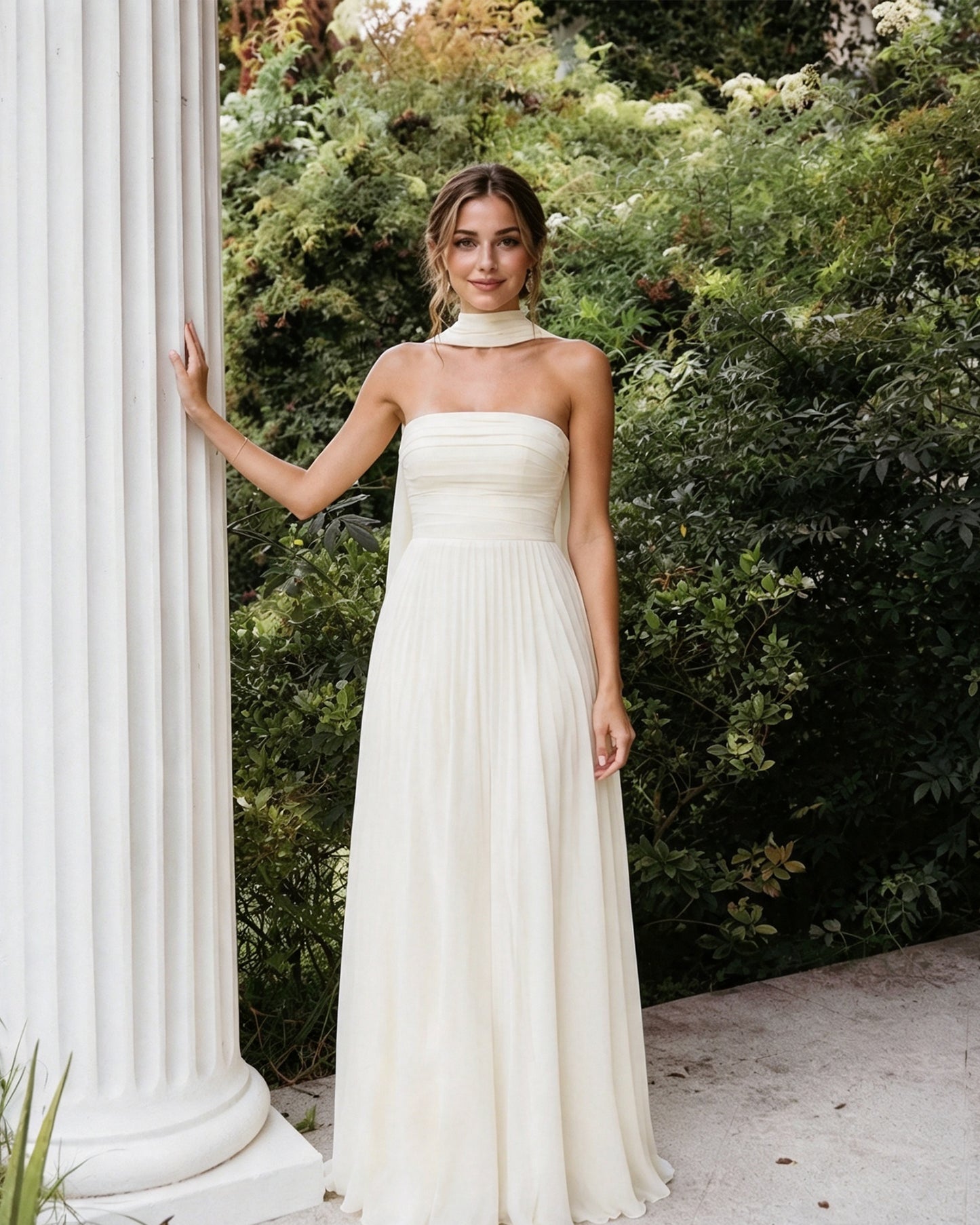 Strapless Chiffon A-Line Bridesmaid Dress with Neck Scarf and Lace-Up Back