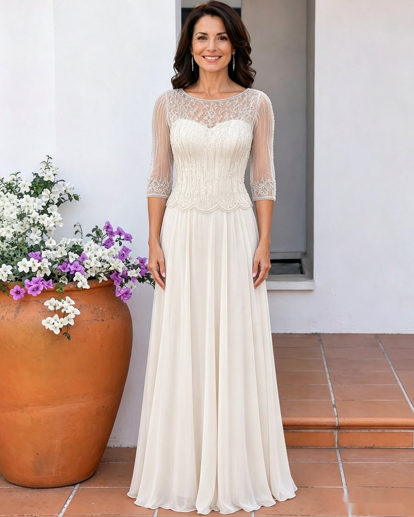 Illusion Lace Three-Quarter Sleeve A-Line Mother of the Bride Dress