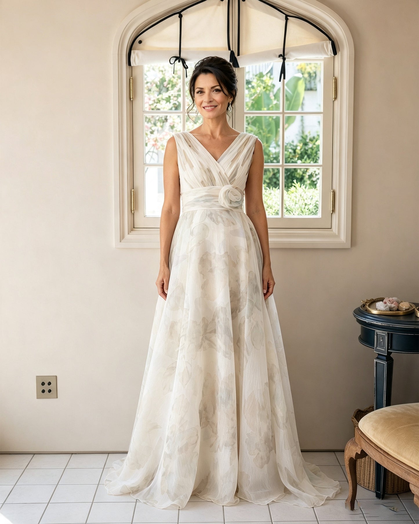Floral Print V-Neck Chiffon Mother of the Bride Dress with Rosette Sash