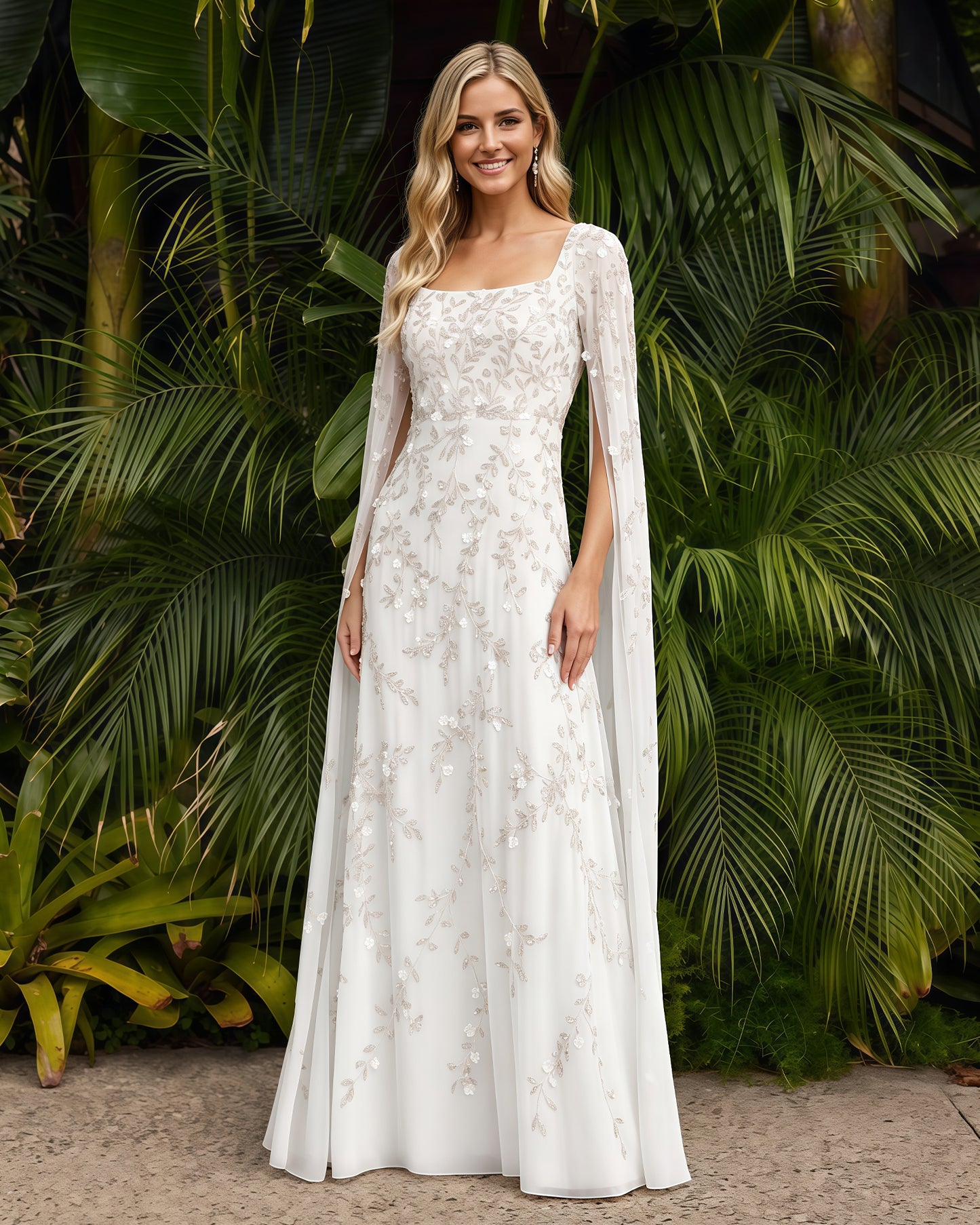 Square-Neck Long-Sleeve Lace A-Line Formal Dress