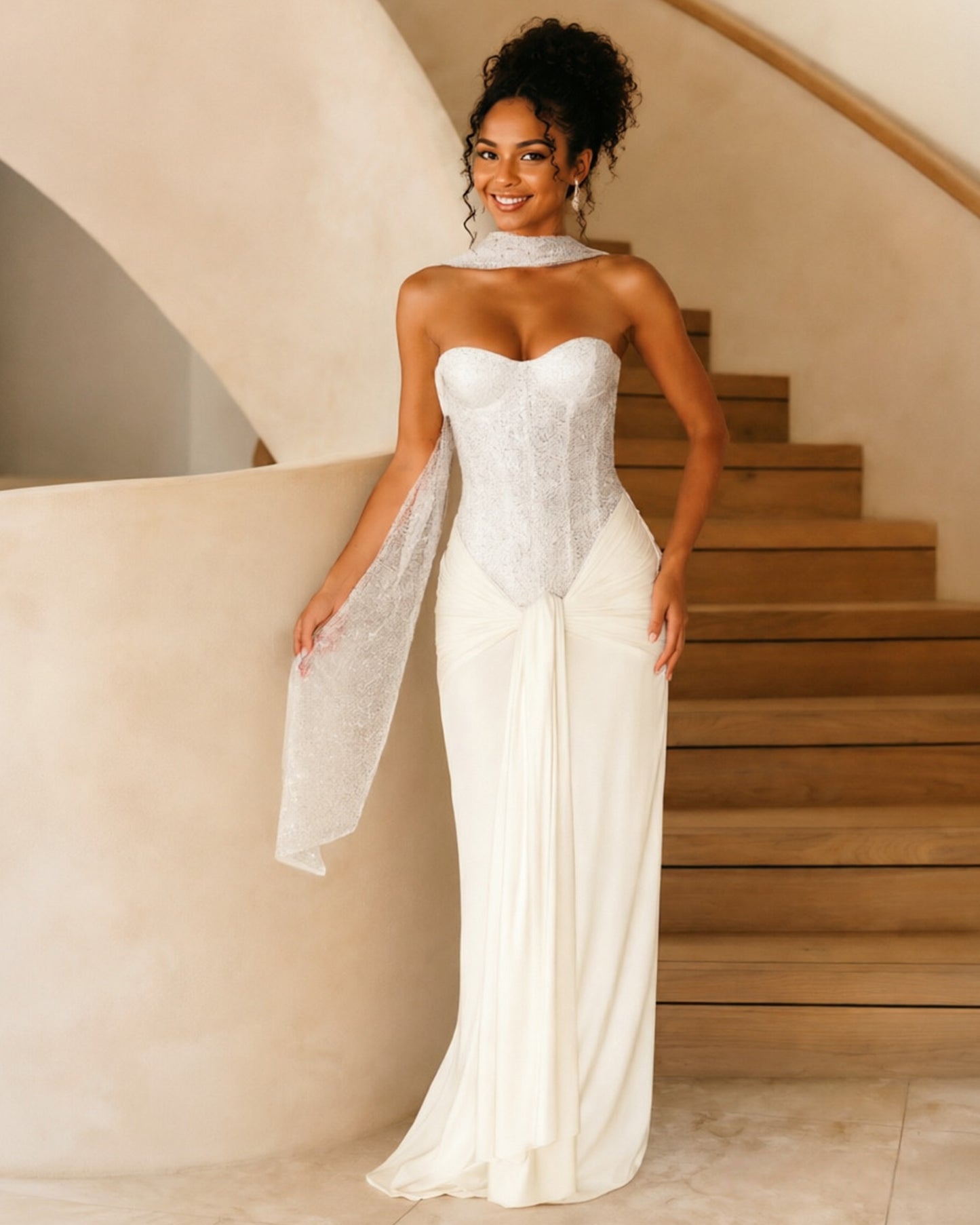 Strapless Sequin Corset Jersey Prom Dress with Draped Scarf Detail