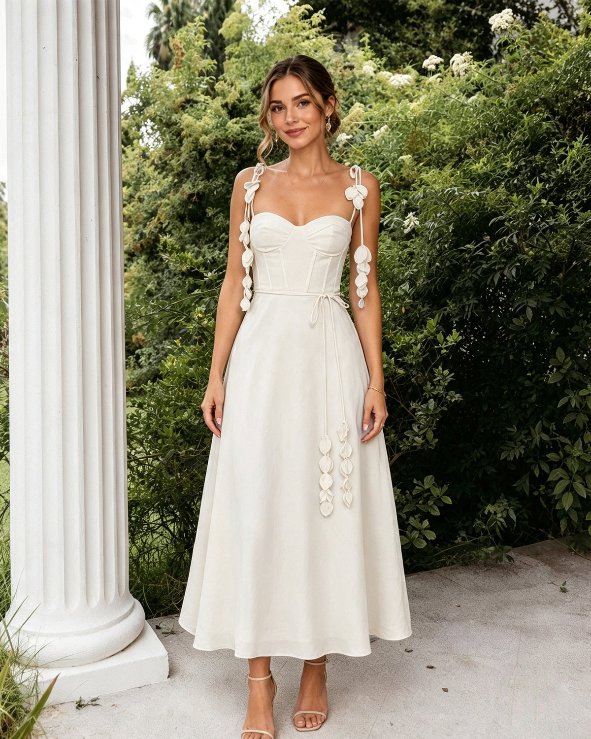 Sweetheart Floral Strap A-Line Midi Bridesmaid Dress with Corset Bodice