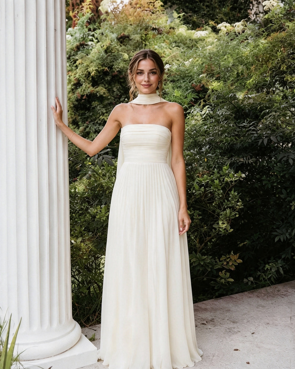 Strapless Chiffon A-Line Bridesmaid Dress with Neck Scarf and Lace-Up Back