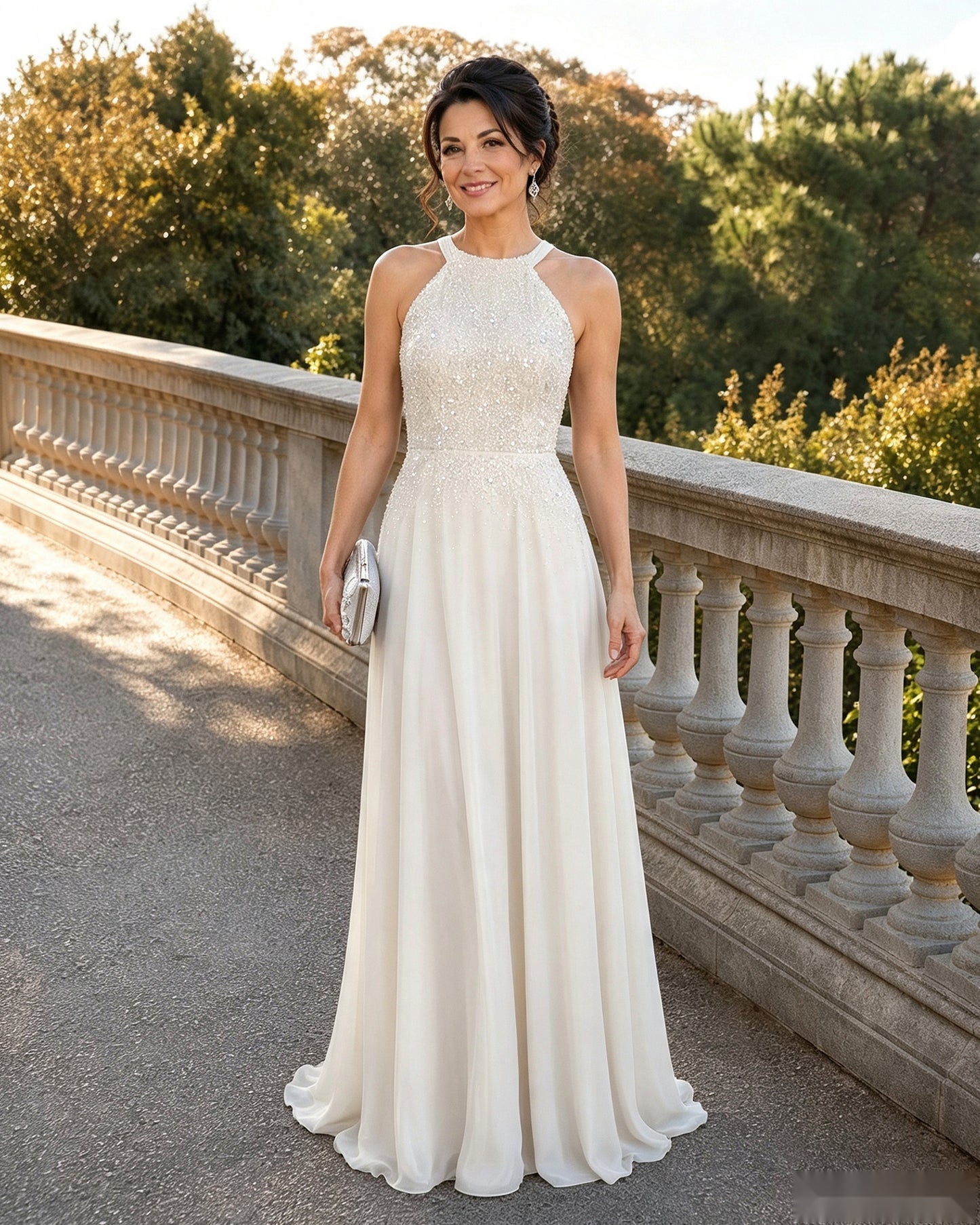 Halter Neck Sequin Chiffon A-Line Mother of the Bride Dress