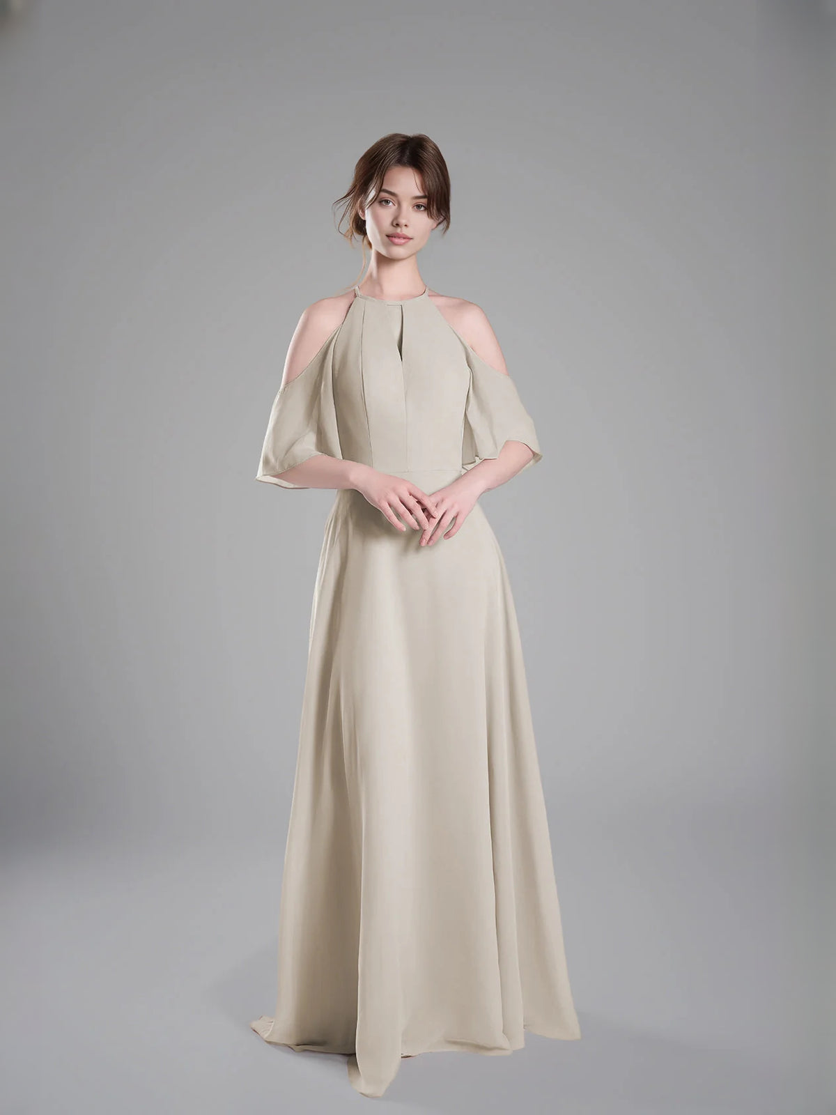 Cut-Out Halter Neck A-Line Floor-Length Chiffon Bridesmaid Dress for Wedding Reception