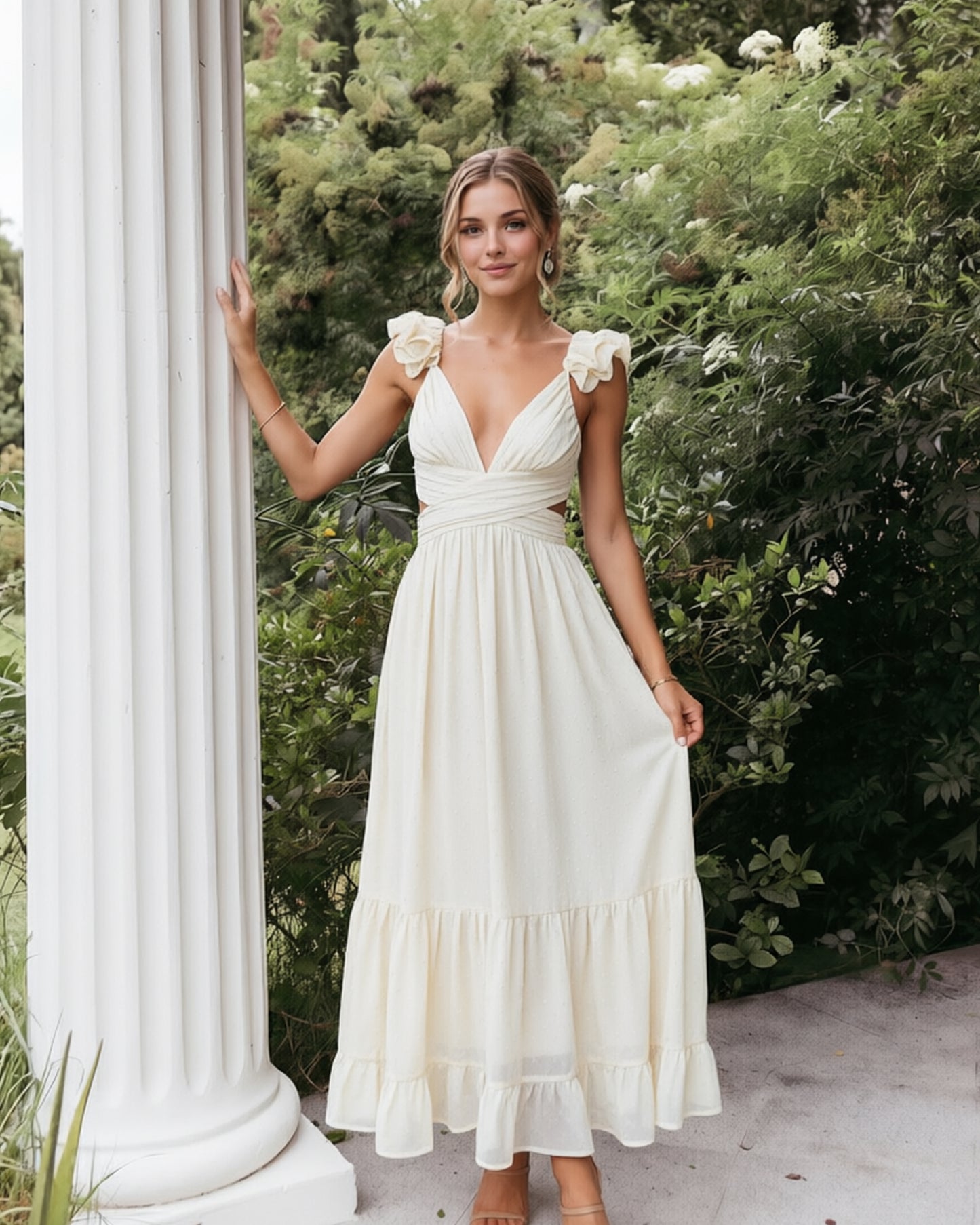 Deep V-Neck Swiss Dot Chiffon Bridesmaid Dress with Ruffle Straps