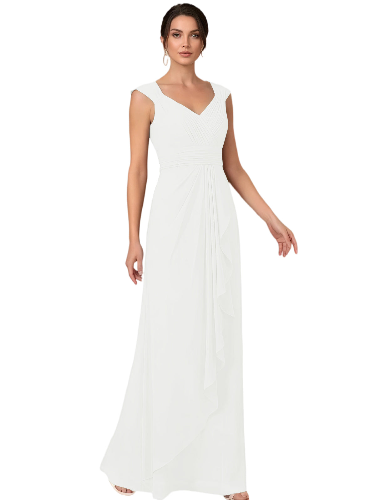 Mother of the Bride Dress Long Sleeveless V-Neck Chiffon Formal Gown with Ruffle Detail