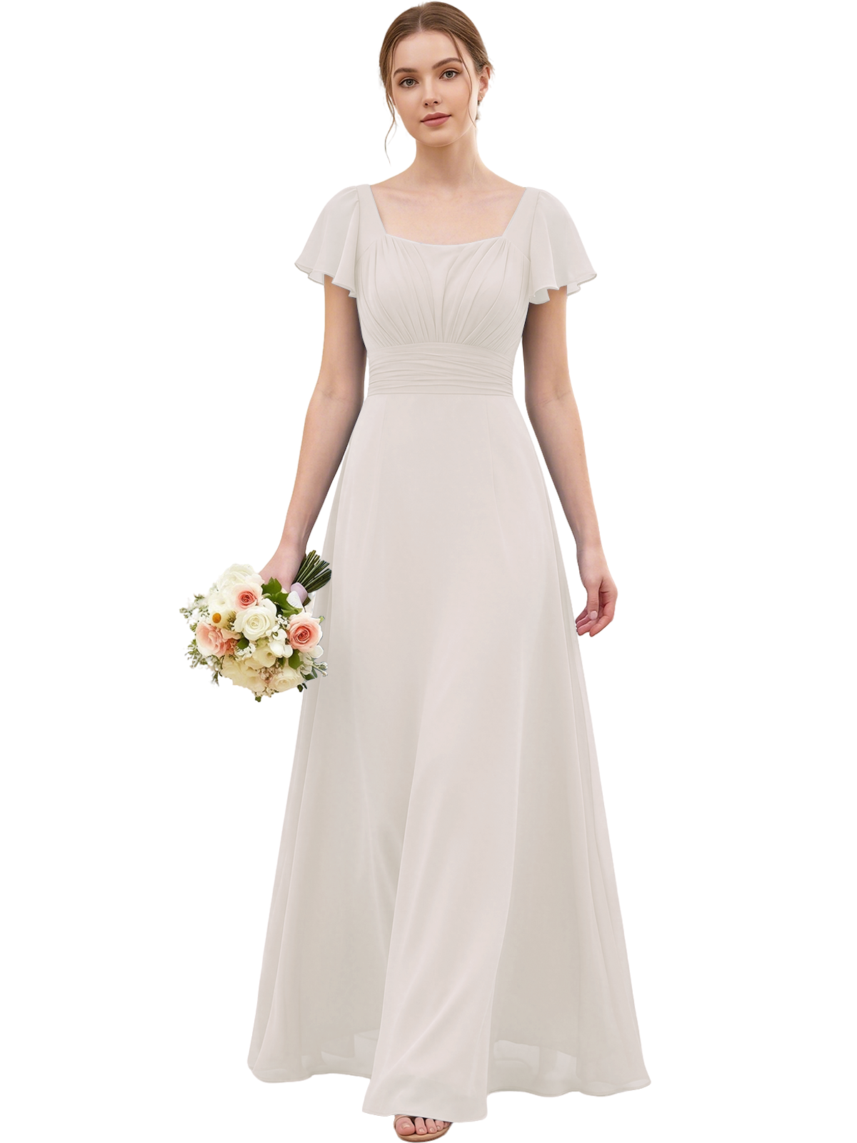 Square Neck Chiffon Bridesmaid Dress with Flutter Sleeves and Lace-Up Back