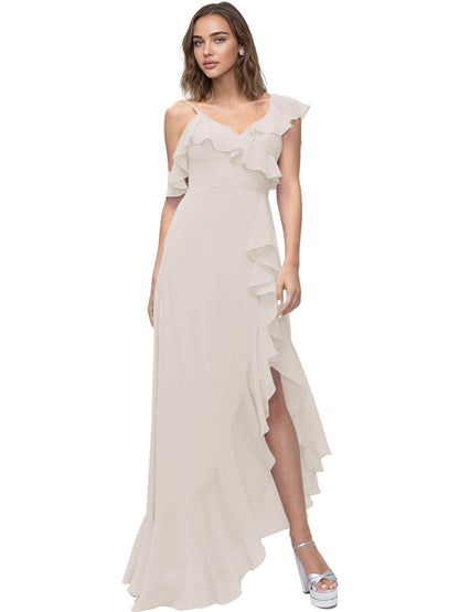 Asymmetrical Ruffle Chiffon Bridesmaid Dress with High Low Slit