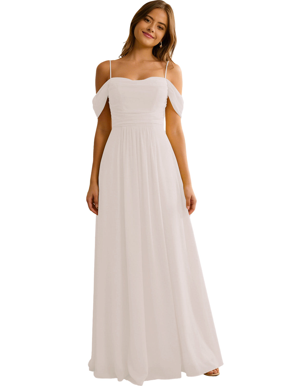 Off Shoulder Chiffon Bridesmaid Dress with Soft Pleated Bodice