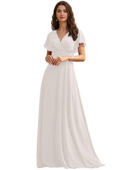 Flutter Sleeve V-Neck Chiffon Bridesmaid Dress with Flowing dress