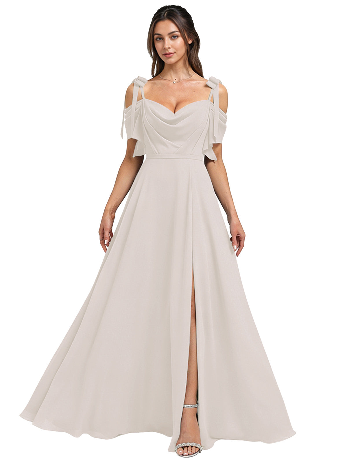 Cowl Neck Cold Shoulder Bridesmaid Dress with High Slit Chiffon Dress