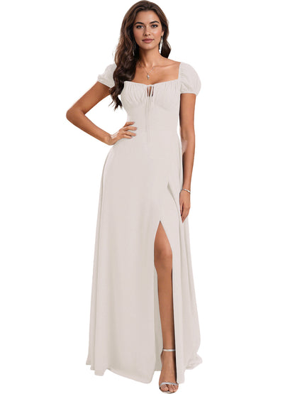 Ruched Short Sleeve Chiffon Bridesmaid Dress with Side Slit