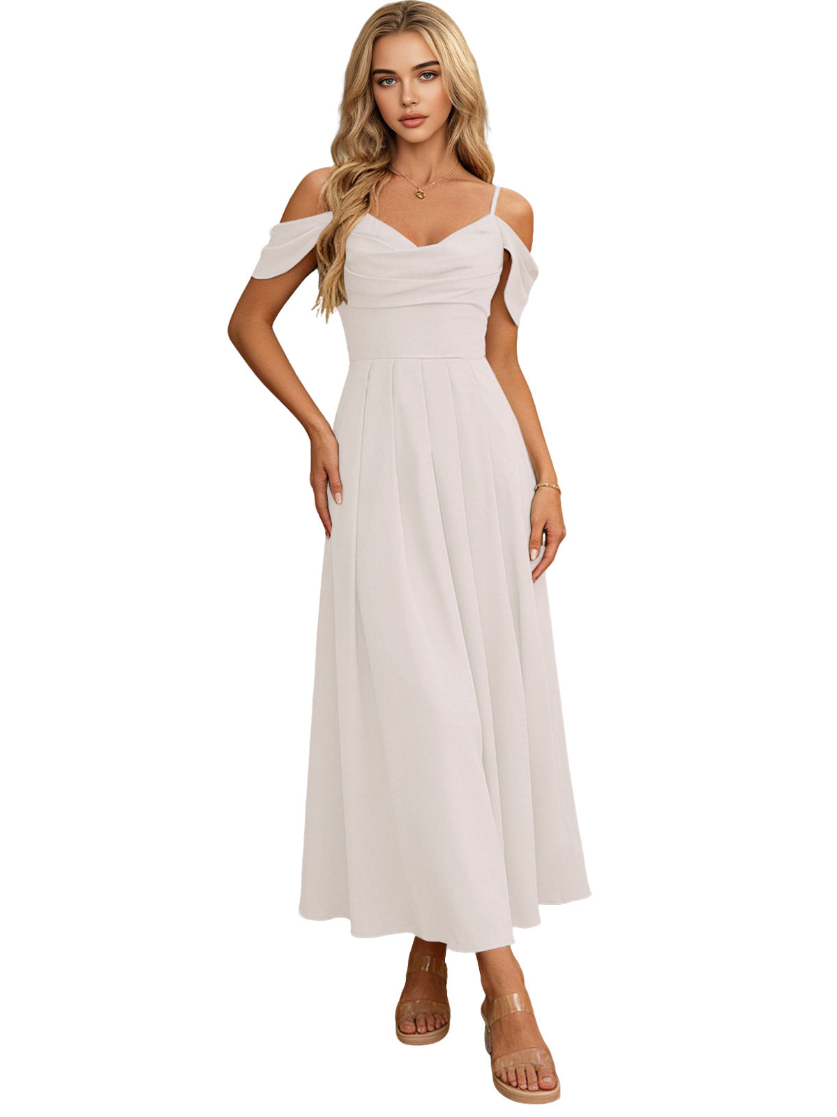 Off Shoulder Midi Bridesmaid Dress with Pleated Bodice and Flowing dress