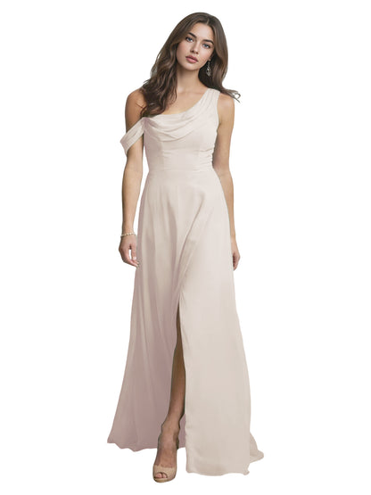 One Shoulder Satin Bridesmaid Dress with Draped Neckline and Slit