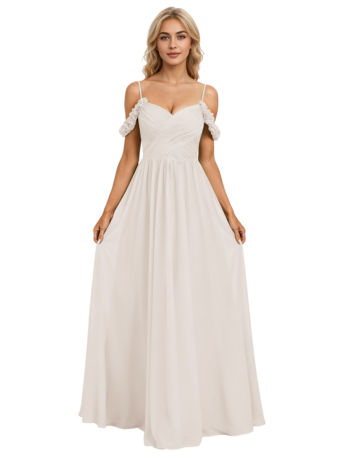 Off Shoulder Lace Applique Bridesmaid Dress with Flowing Chiffon dress