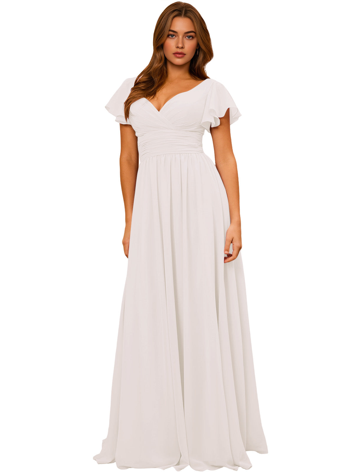 V-Neck Flutter Sleeve Chiffon Bridesmaid Dress with Empire Waist