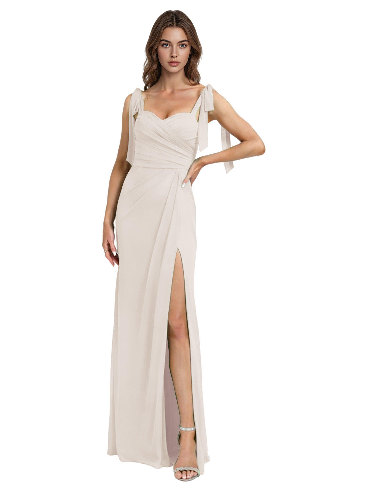 Tie Strap Chiffon Bridesmaid Dress with Square Neck and High Slit