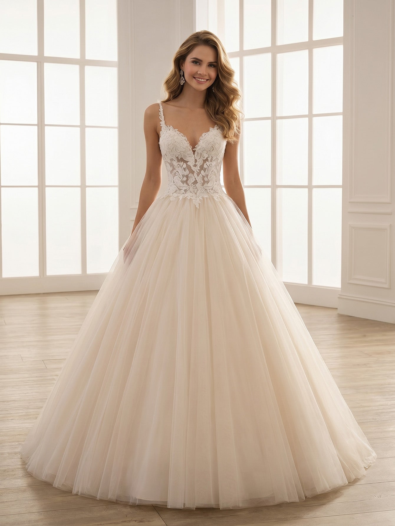 Spaghetti Strap Lace Tulle Ball Gown Wedding Dress with Beaded Bodice