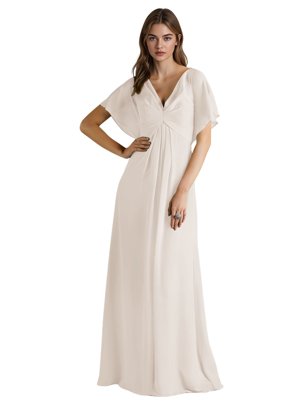 Short Sleeve V-Neck Chiffon Bridesmaid Dress with Gathered Waist
