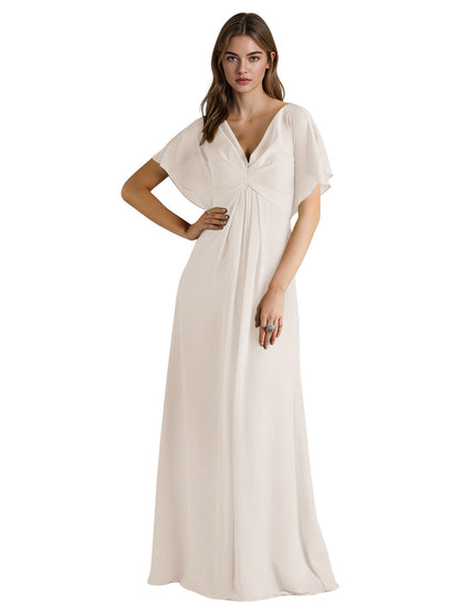 Short Sleeve V-Neck Chiffon Bridesmaid Dress with Gathered Waist