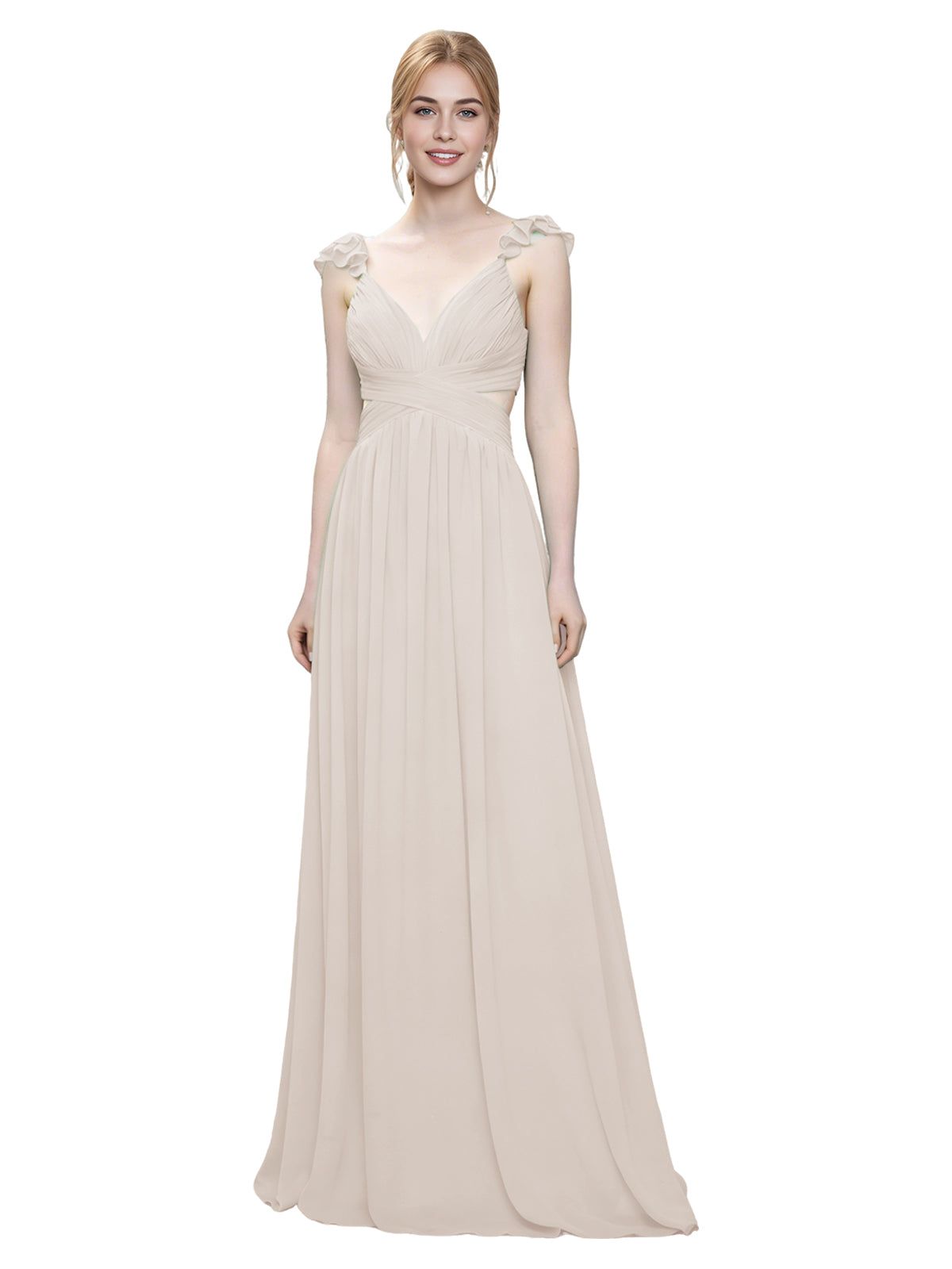 Ruffle Strap V-Neck Tulle Bridesmaid Dress with Pleated Waist