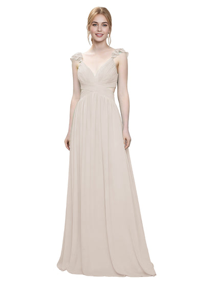 Ruffle Strap V-Neck Tulle Bridesmaid Dress with Pleated Waist