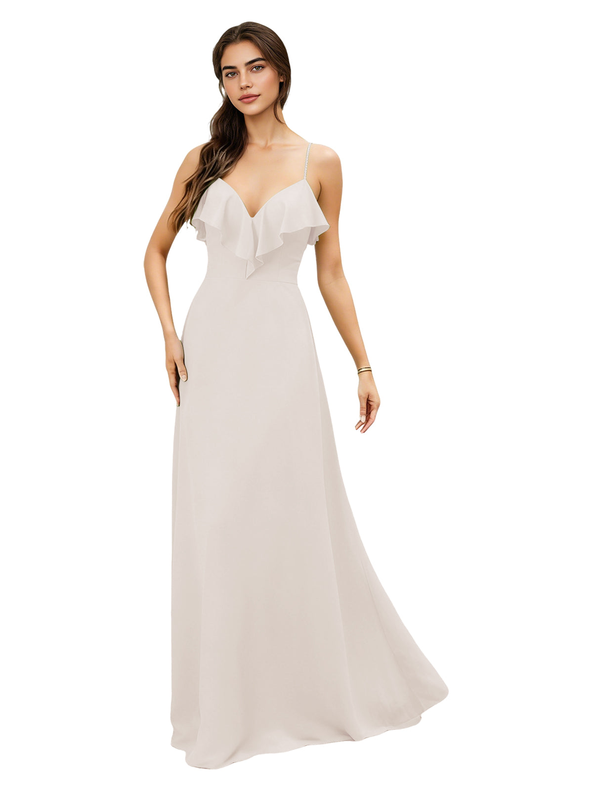 Ruffle V-Neck Chiffon Bridesmaid Dress with Spaghetti Straps