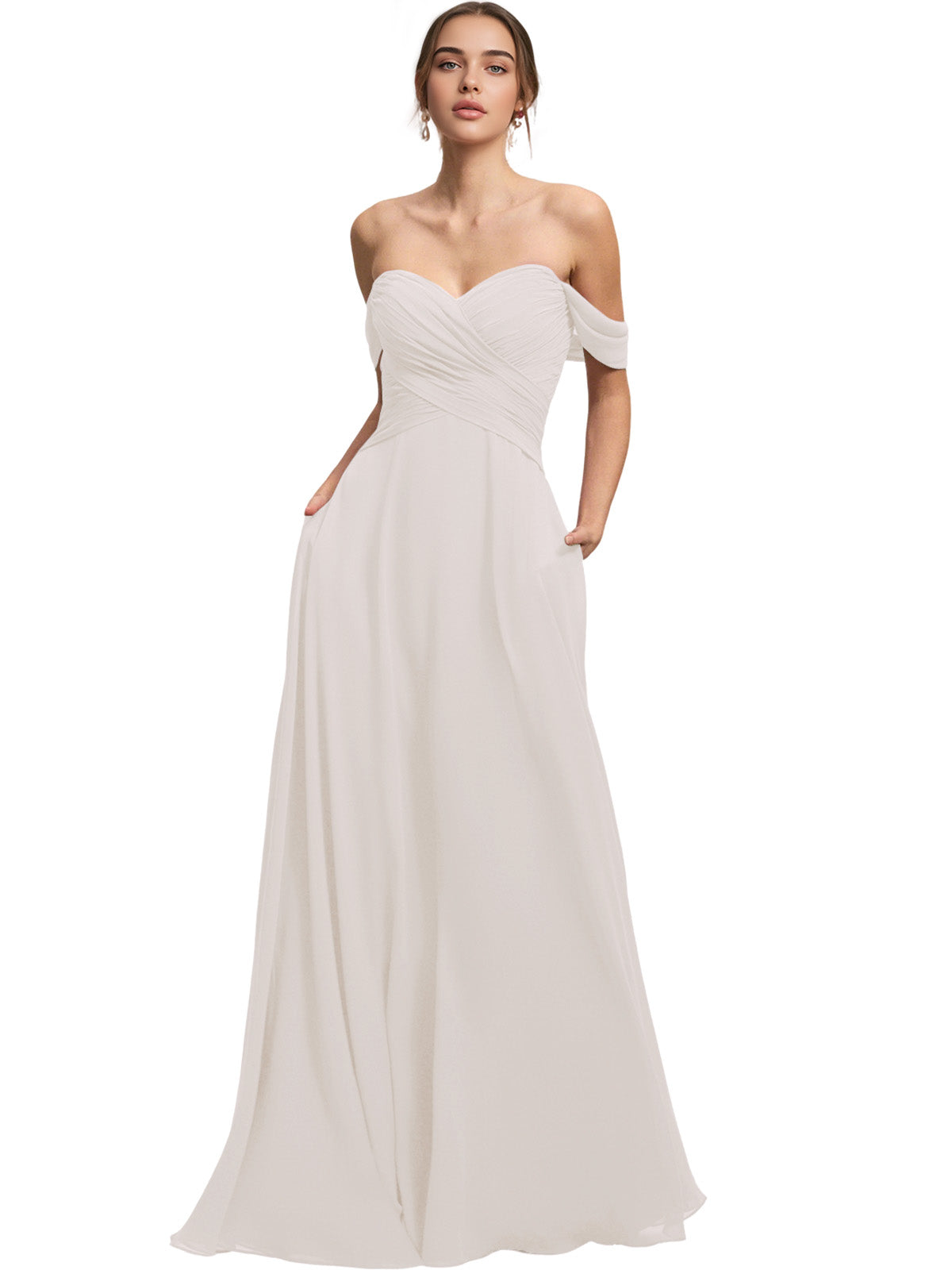 Off Shoulder Chiffon Bridesmaid Dress with Draped Bodice and A-Line Dress