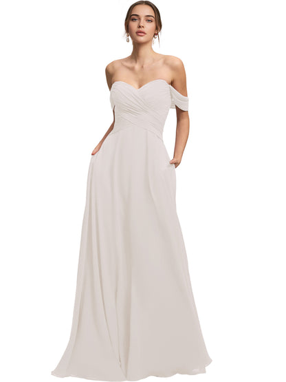 Off Shoulder Chiffon Bridesmaid Dress with Draped Bodice and A-Line Dress