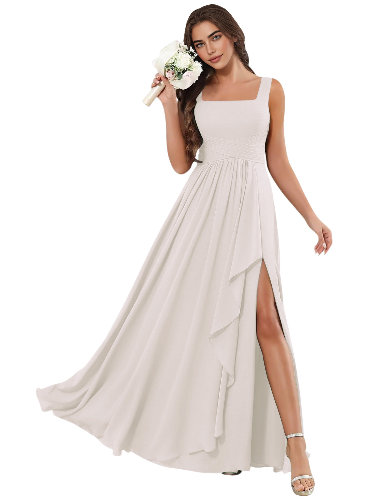 Square Neck Chiffon Bridesmaid Dress with Corset Back and Slit