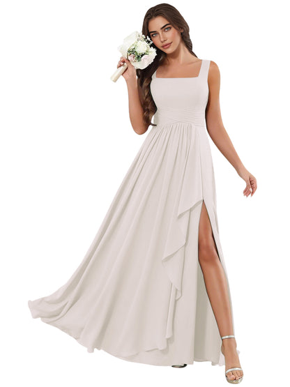 Square Neck Chiffon Bridesmaid Dress with Corset Back and Slit