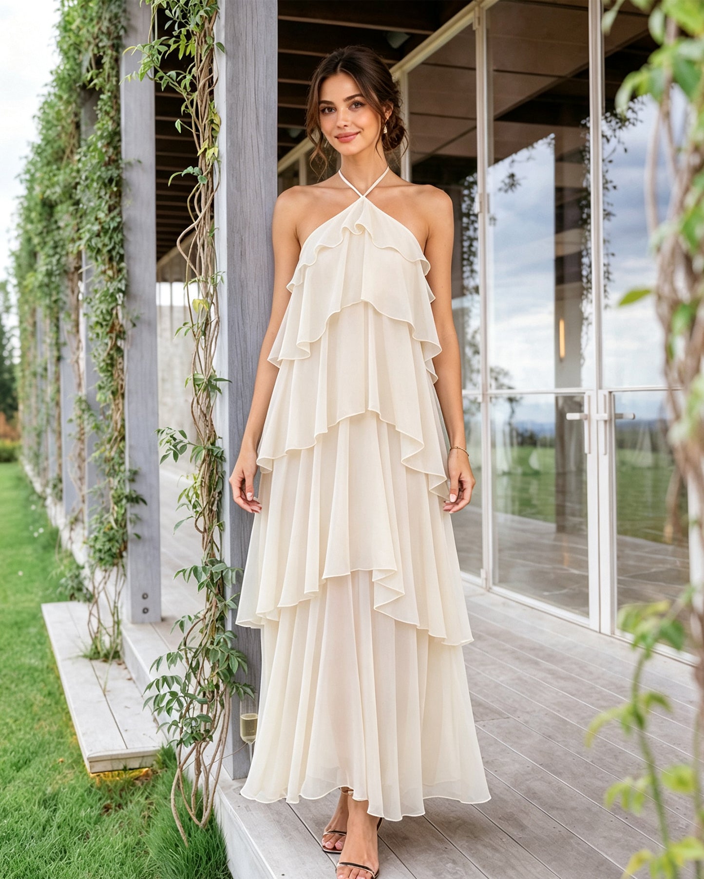 Halter Neck Tiered Chiffon Bridesmaid Dress with Ruffle Overlay