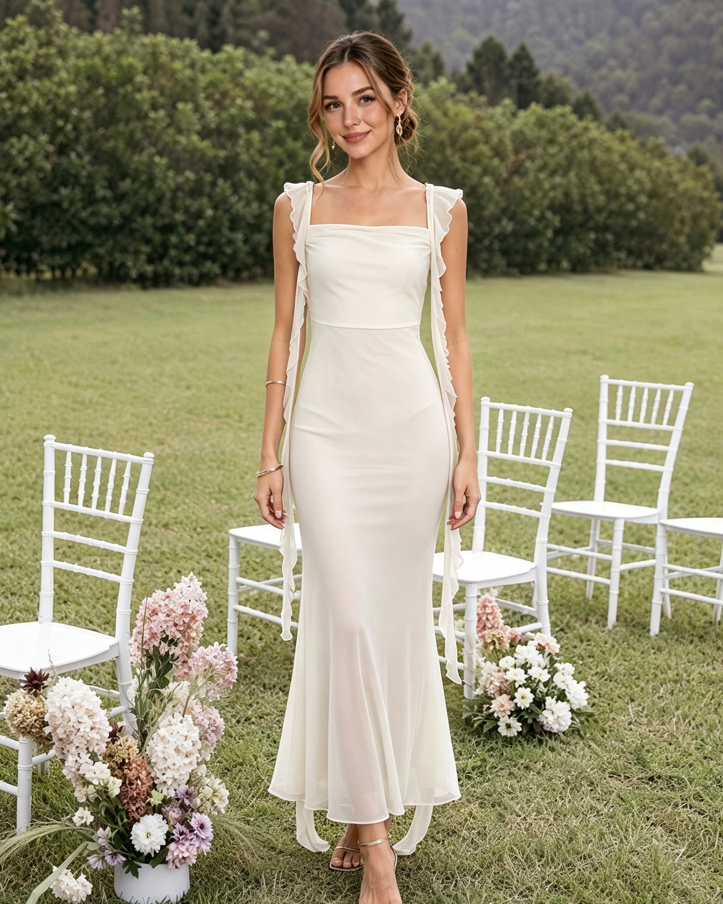 Square Neck Chiffon Bridesmaid Dress with Long Ruffled Straps