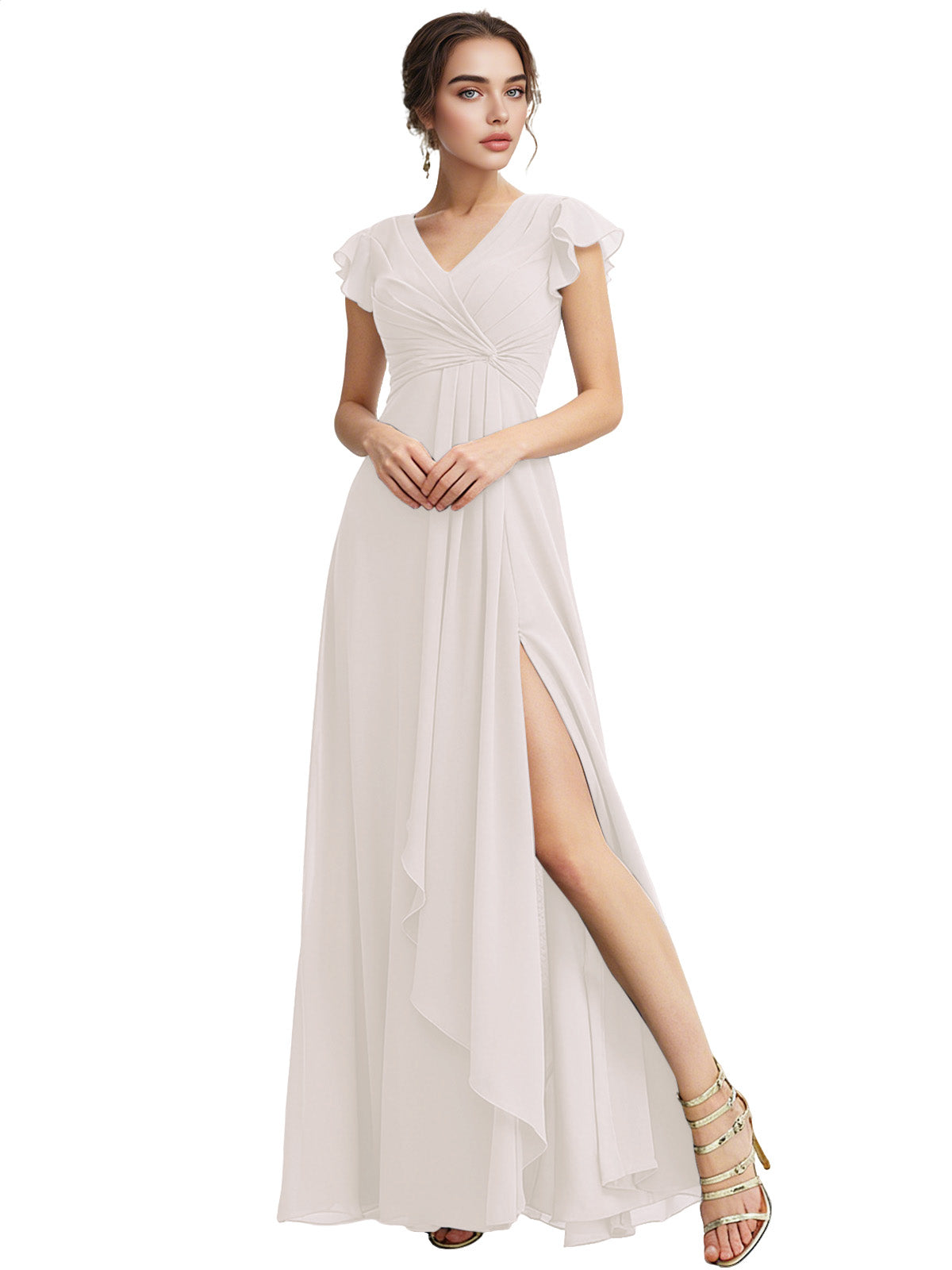 Cap Sleeve Chiffon Bridesmaid Dress with Ruffle V-Neck and Slit