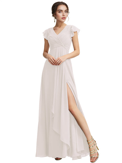 Cap Sleeve Chiffon Bridesmaid Dress with Ruffle V-Neck and Slit
