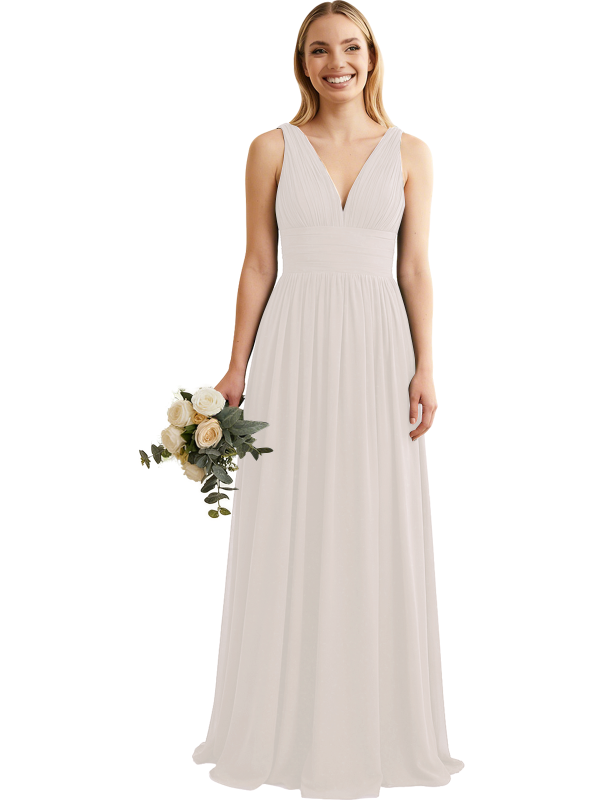 Deep V-Neck Chiffon Bridesmaid Dress with Pleated Waist