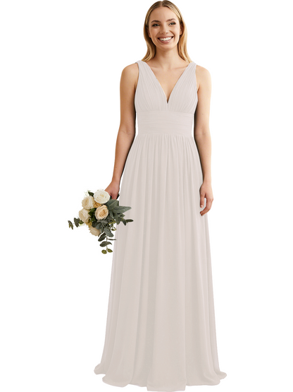 Deep V-Neck Chiffon Bridesmaid Dress with Pleated Waist