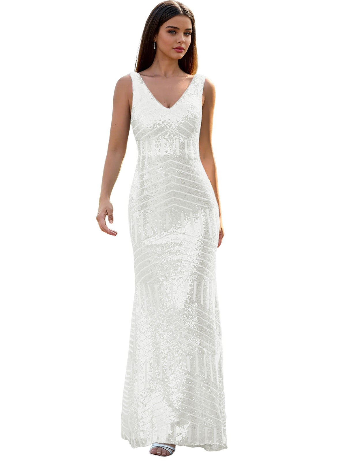 V-Neck Sequin Column Prom Dress with Beaded Waist and Low Back