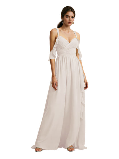 Cold Shoulder Chiffon Bridesmaid Dress with Draped V-Neck Bodice