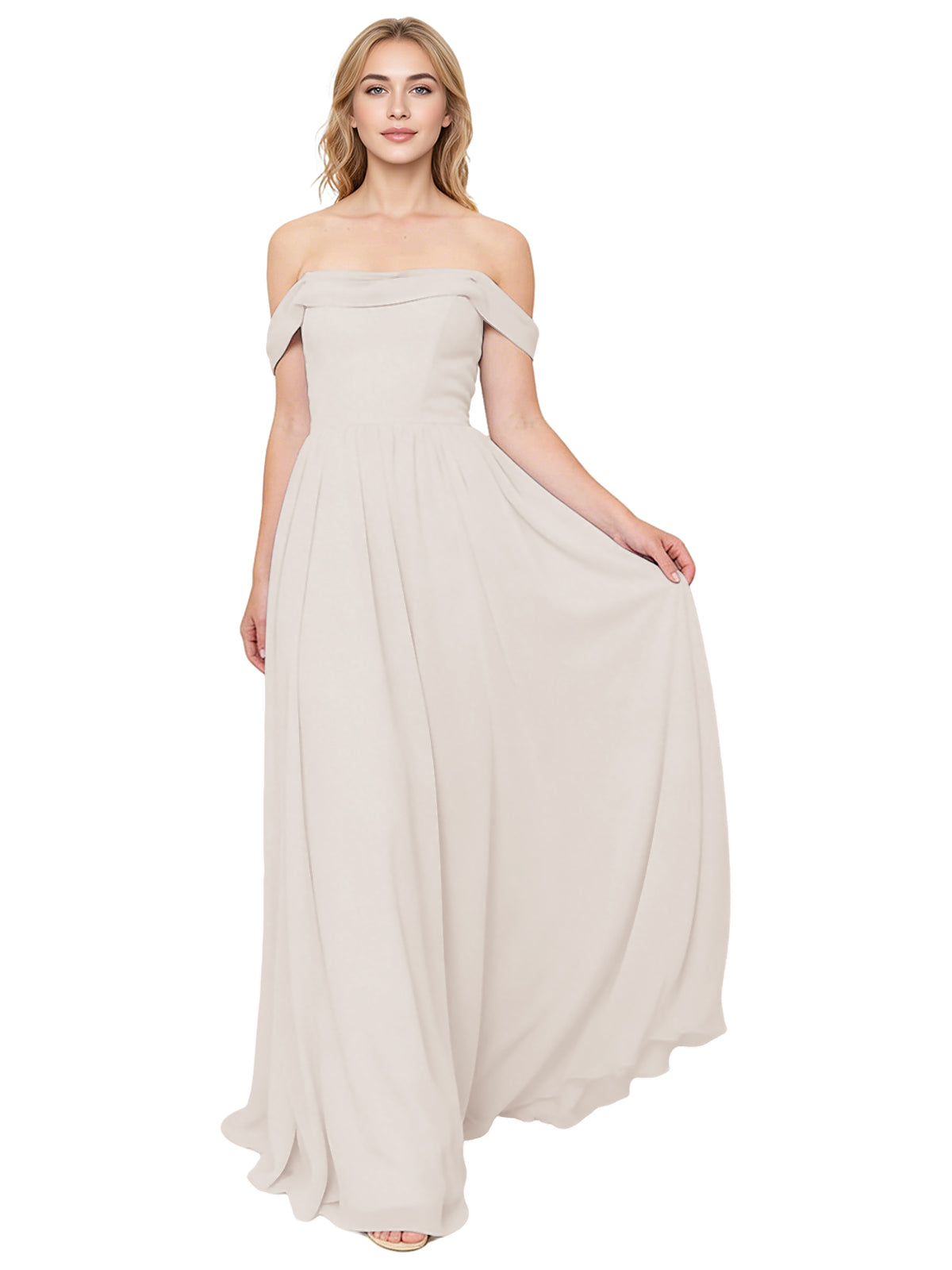 Off Shoulder Pleated Chiffon Bridesmaid Dress with Flowing A-Line Dress