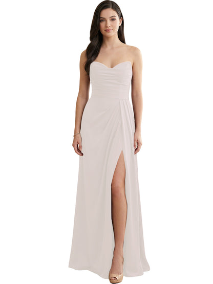 Strapless Pleated Satin Bridesmaid Dress with Side Slit